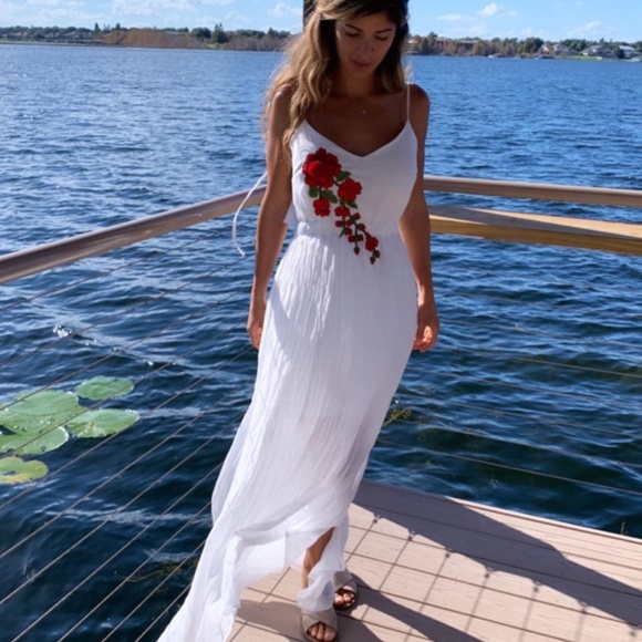 Say What? White Gauze Embroidered Floral Summer Open Back Cami Maxi Dress Size S - Picture 1 of 6